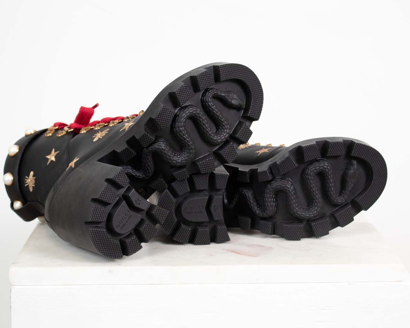 Gucci Embroidered Bee Combat Boots with Pearl Strap — Otra Gucci Embroidered Bee Combat Boots with Pearl Strap — Otra